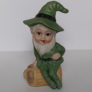 Vintage Ceramic Leprechaun Pixie Elf in Green Figurine Sitting on Barrel
